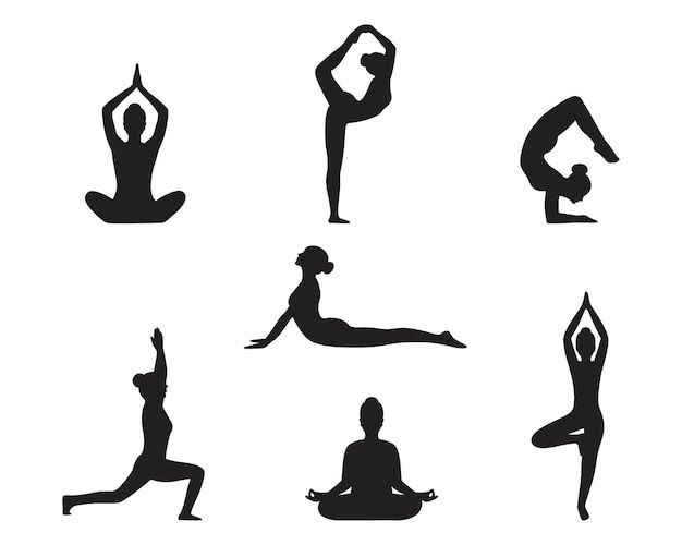 silhouettes of people doing yoga poses in various positions, including the legs and arms