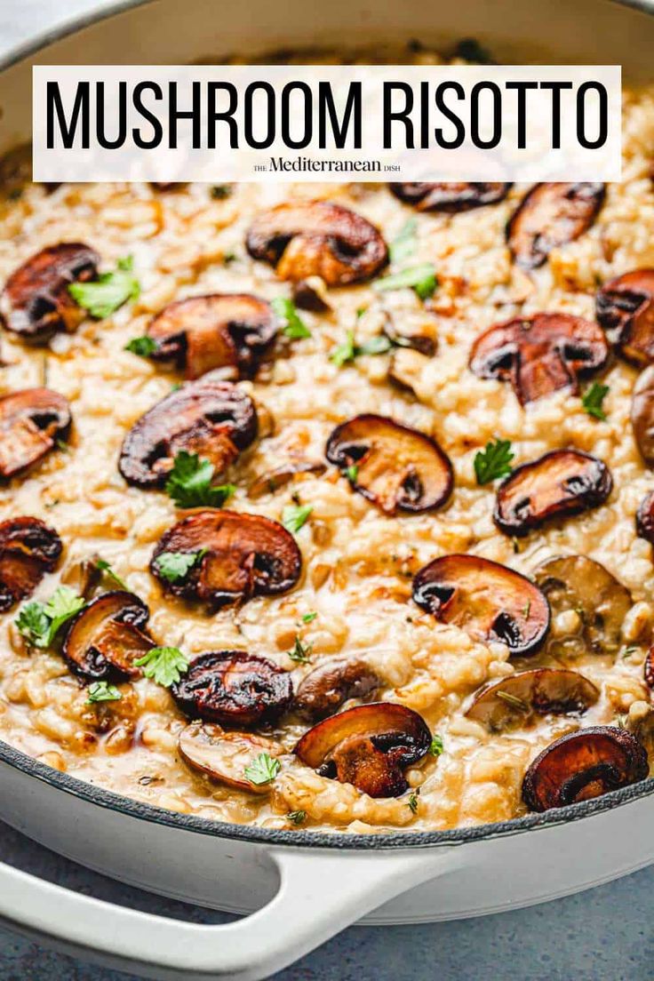 mushroom risotto in a pan with parsley on top