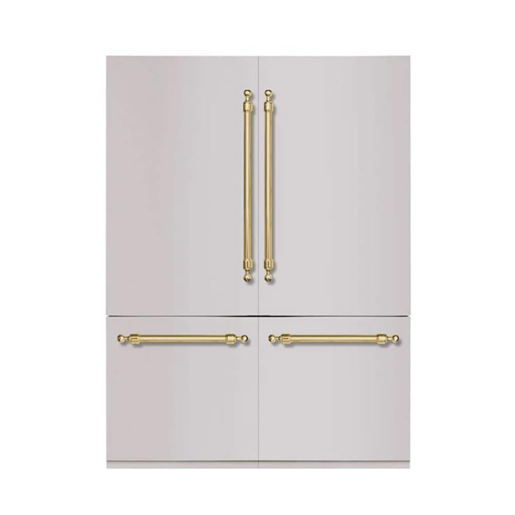 a white refrigerator freezer with gold handles