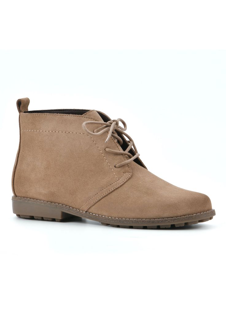 Step out in the classic desert boot style of the Auburn lace-up bootie from the Heritage Collection by White Mountain Shoes. The treaded lug bottom gives this light boot a hiker look.Leather UpperSynthetic LiningSynthetic OutsoleSynthetic Footbed1" Heel height4" Shaft heightBootie available in sizes 6-9 whole and half sizes, 10, 11 | Wide Width Women's White Mountain Auburn Lace Up Bootie by White Mountain in Natural Suede (Size 11 W) Lightweight Boots, Desert Boot, White Mountain Shoes, Mountain Shoes, Lace Up Booties, Light Boots, White Mountain, Desert Boots, Suede Lace