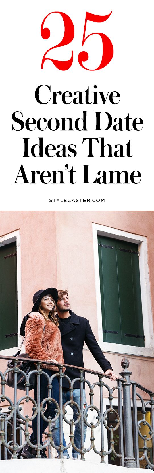 a man and woman standing on top of a balcony with the words 25 creative second date ideas that aren't lame