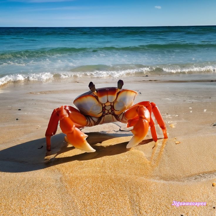 an orange and white crab sitting on top of a sandy beach next to the ocean