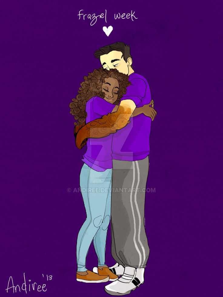 two people hugging each other in front of a purple background with the words friggel week above them