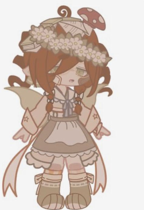 an anime character with brown hair and flowers on her head, standing in front of a mushroom