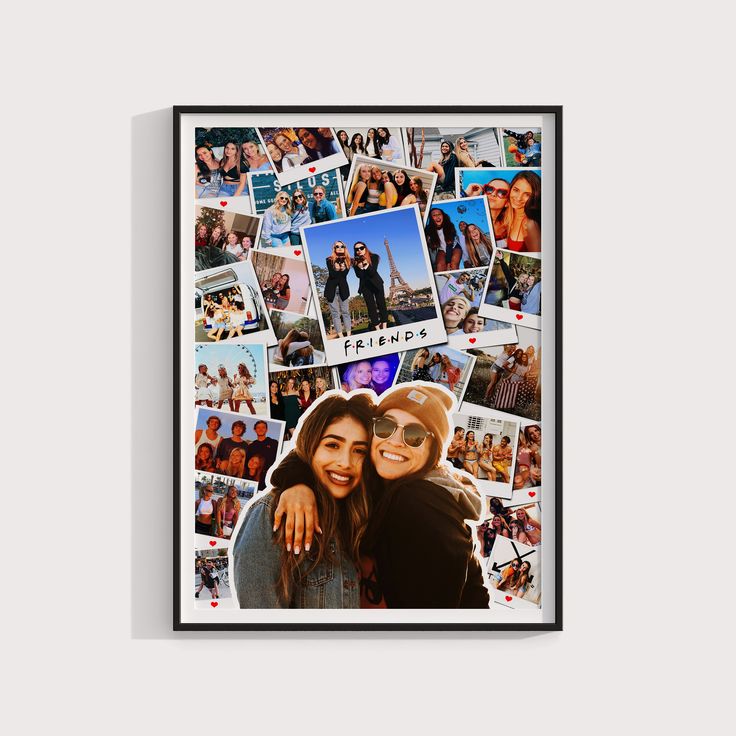 two women are posing for the camera in front of a collage of photos that say friends