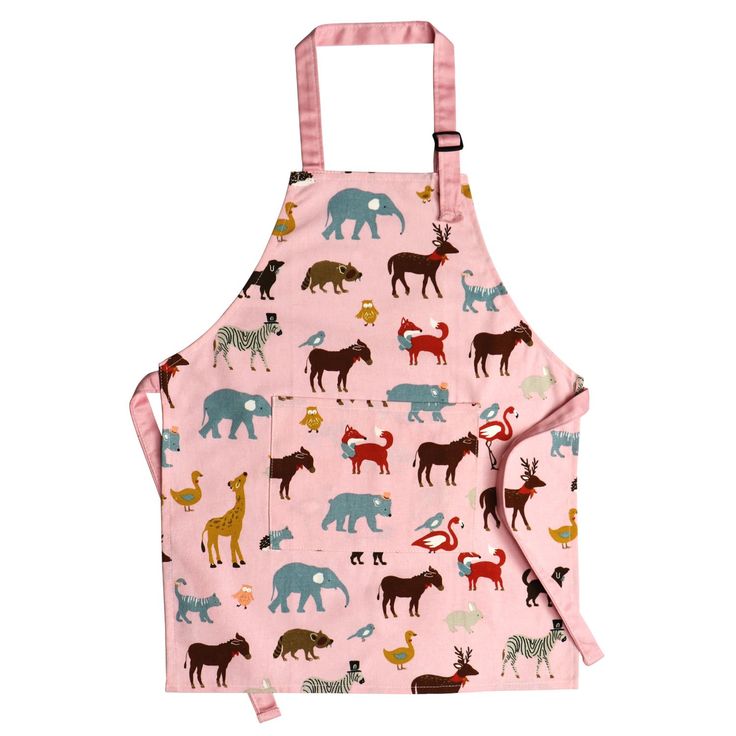 a pink apron with animals on it and an animal print in the front, as well as