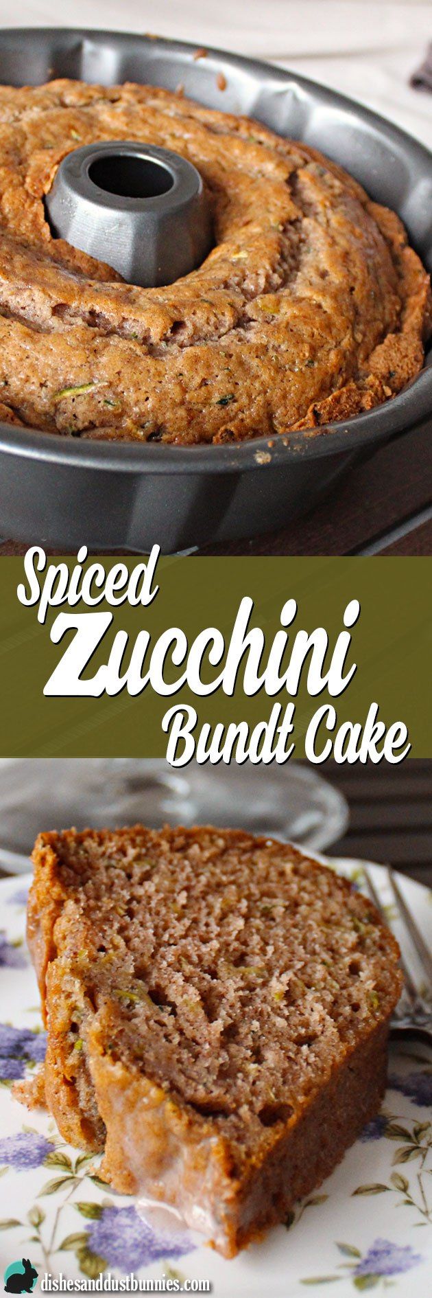 two slices of spiced zucchini bundt cake with icing on top