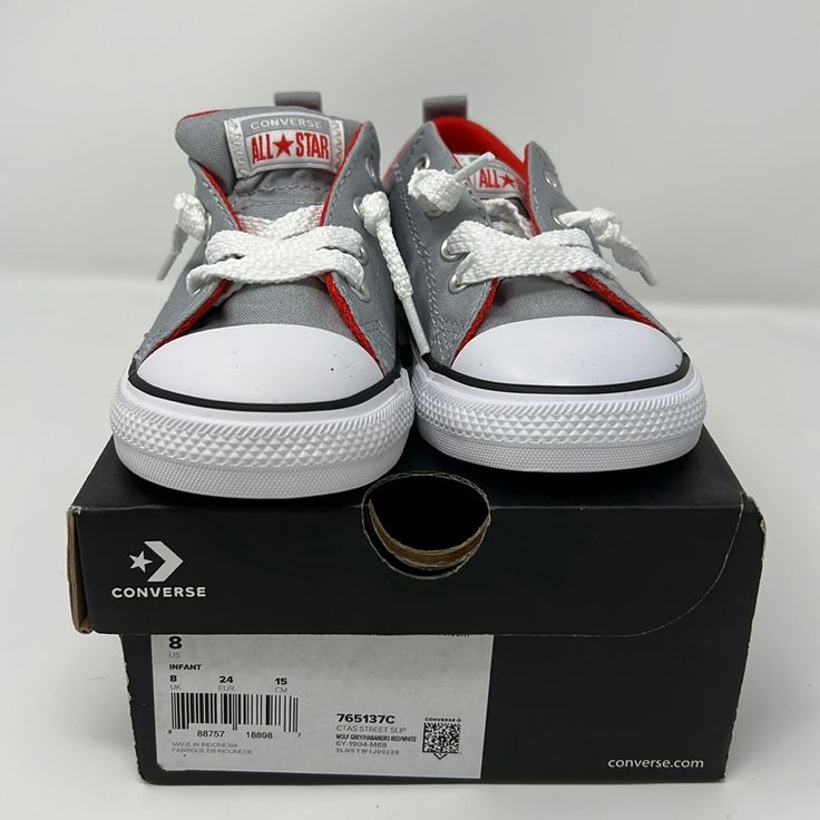 Brand New Super Cute Street Slip All Star Converse Sneakers. Wolf Grey With Red And White. Size 8t Converse Low-top Sneakers For Streetwear, Sporty Converse Sneakers For School, Non-slip Lace-up Converse Sneakers, All Star Converse, Star Converse, All Stars Converse, New Converse, Kids Converse, Converse Sneakers