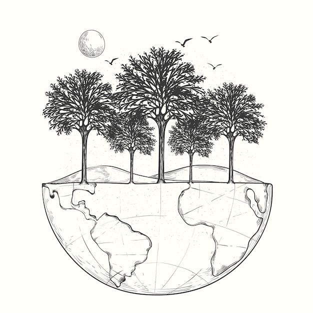 the earth with trees on it and birds flying over it, drawn in black and white