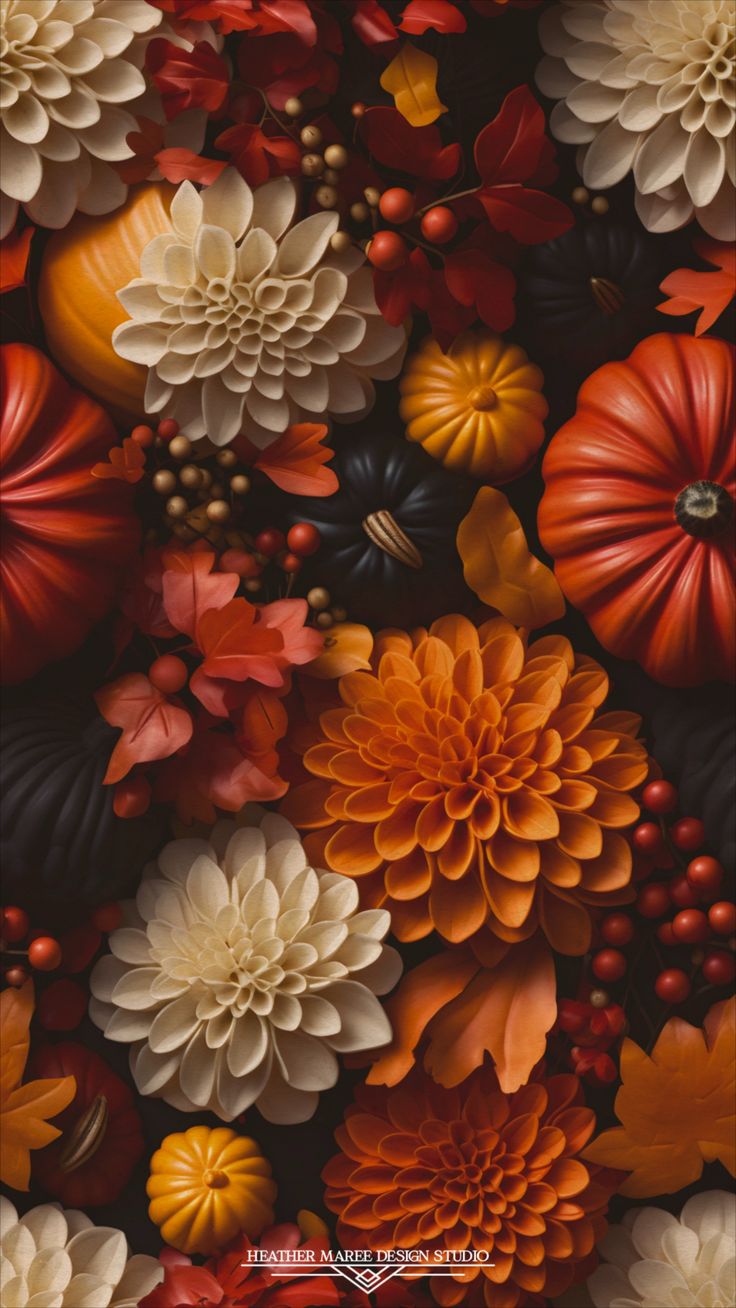 an arrangement of colorful flowers and leaves on a black background with text that reads, autumn is here