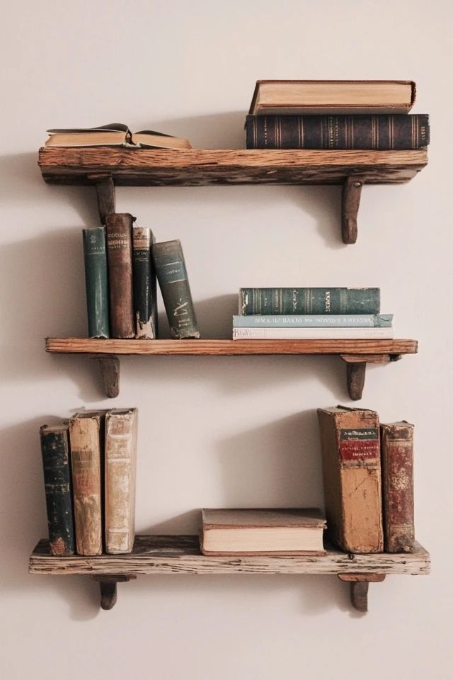 two wooden shelves with books on them