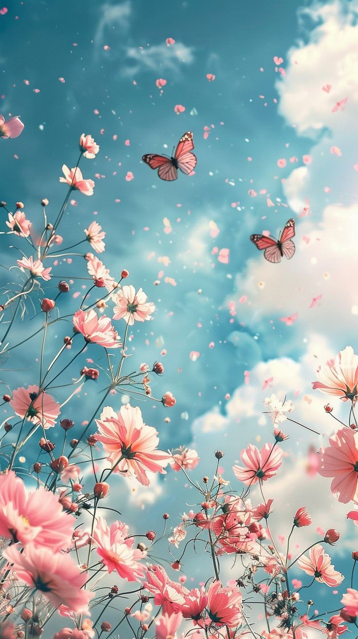 pink flowers and butterflies flying in the sky