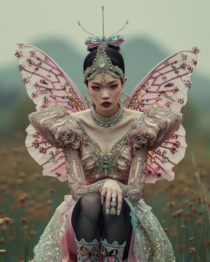 a woman dressed as a fairy sitting on top of a field