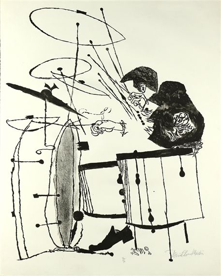 an ink drawing of two people playing drums