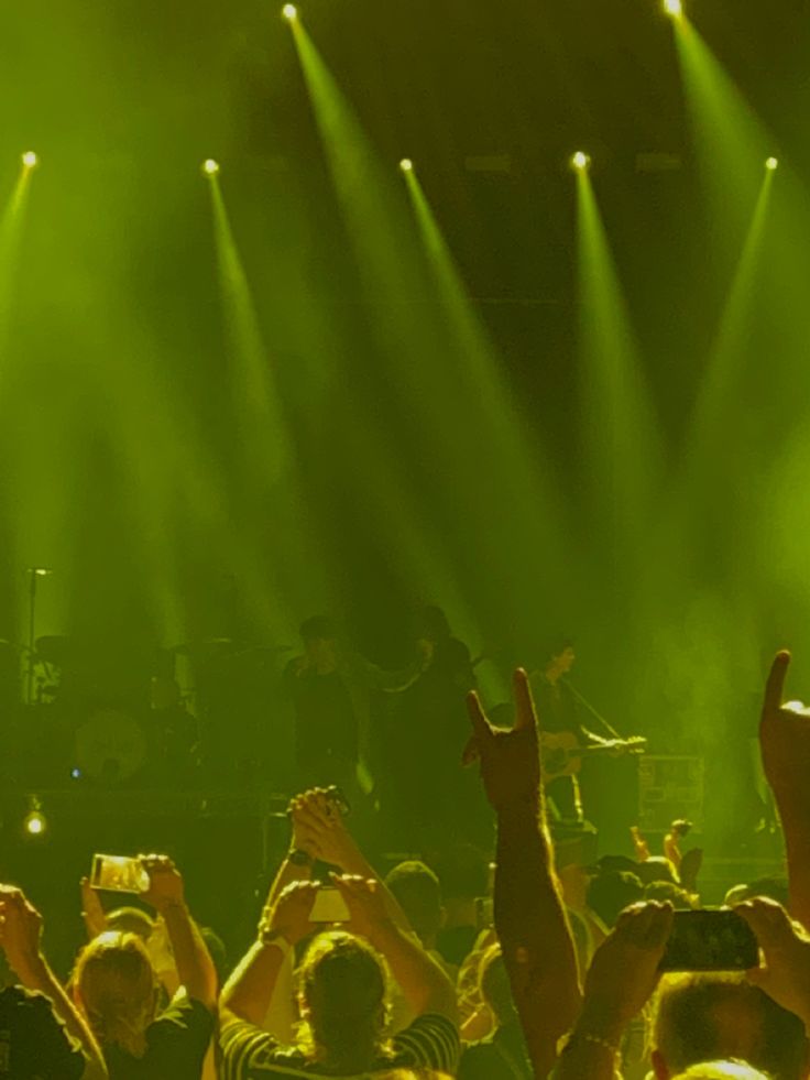 a group of people that are standing in front of some green lights and their hands up