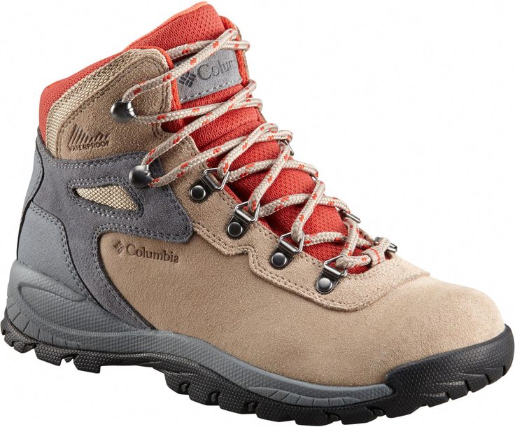 a pair of hiking boots with red laces on the outstep and grey upper part