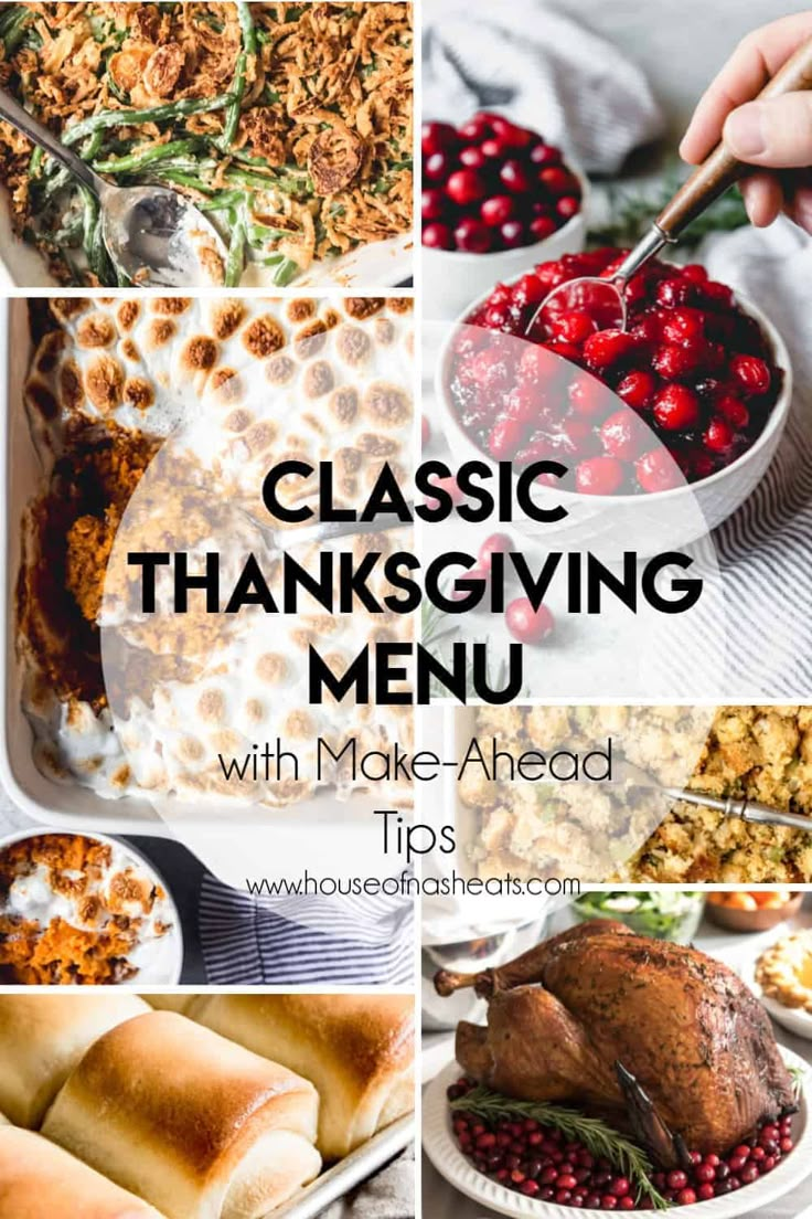 thanksgiving dinner menu with turkey, cranberry sauce and other foods in dishes on the table