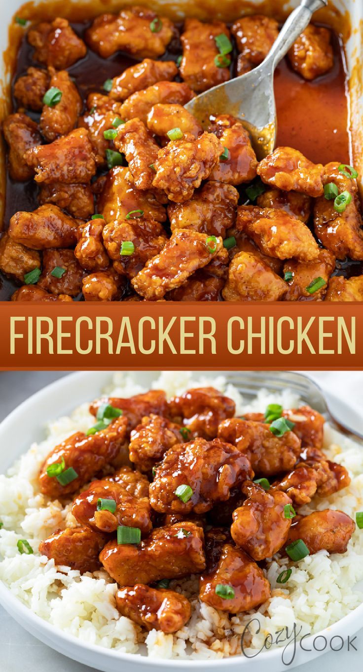 Firecracker Chicken served over rice with a delicious red fire sauce Chicken Recipes Served Over Rice, Amazing Family Dinners, Chicken And Rice Recipes Asian, Crispy Chicken And Rice, Best Reheatable Meals, Chicken Thigh Recipes Fried, Chinese Chicken Breast Recipes, Chicken Breast Chinese Recipes, What Can I Make With Chicken Breast