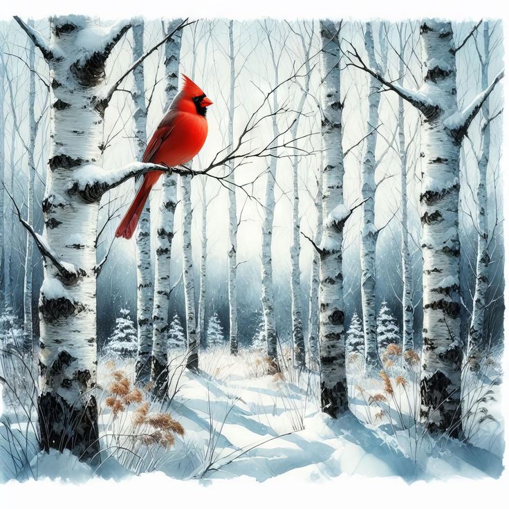 a painting of a cardinal perched on a tree branch in the snow surrounded by birch trees