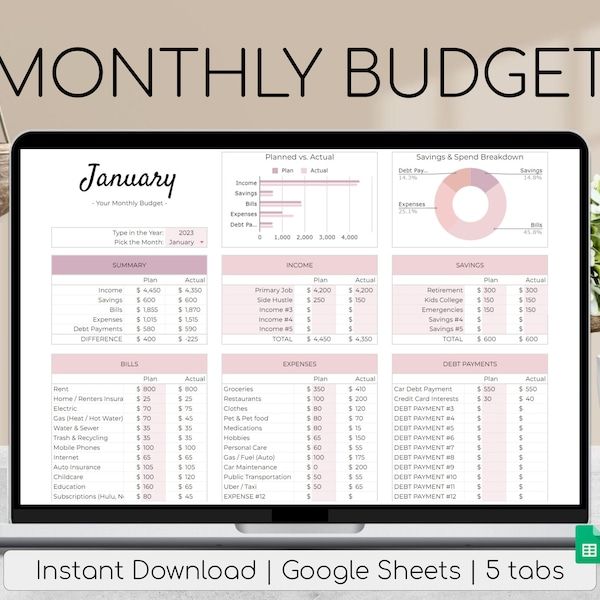 an image of a laptop with the text, month by month budget sheet on it