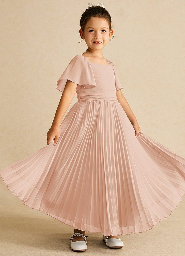 Bun Bun is our adorable pleated chiffon A-line flower girl dress. She features a square neckline, a ruched bow tie belt, a button back, and adorable ruched flutter sleeves. Champagne Rose, Bun Bun, Chiffon Flower, Line Flower, Pleated Chiffon, English Rose, Belt Tying, English Roses, Flower Girl Dress