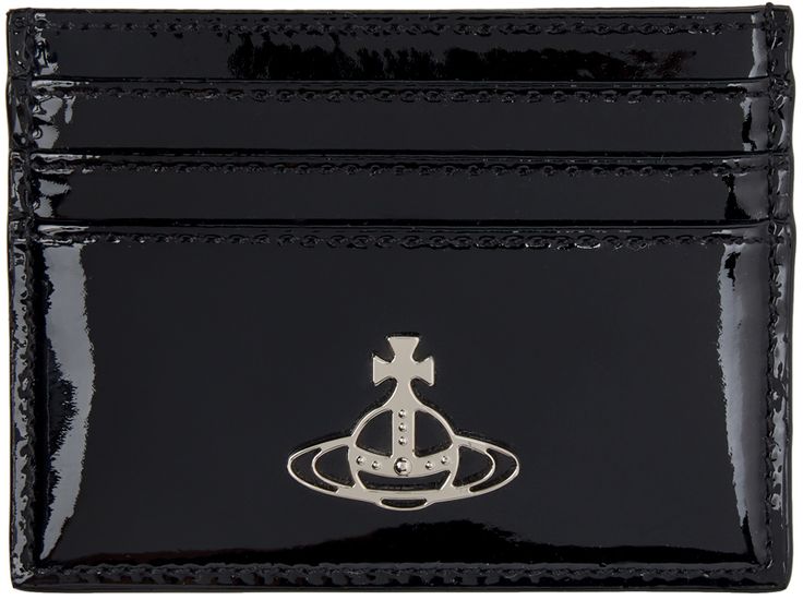 Patent faux-leather card holder in black. · Logo hardware at face · Four card slots · One note slot · Twill lining · H3 x W4 Supplier color: Black Card Holder Chanel, Designer Black Bifold Card Holder, Vivienne Westwood Card Holder, Vivienne Westwood Wallet, Vivienne Westwood Logo, One Note, Card Holder Wallet, Card Holder Leather, Black Logo