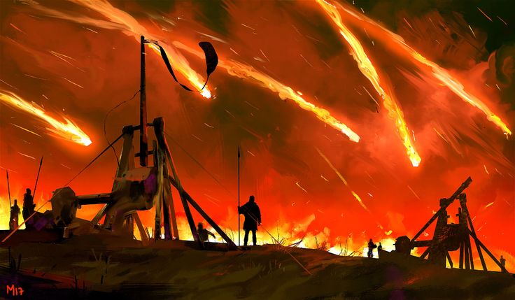 a painting of people standing on top of a hill with fire in the sky behind them