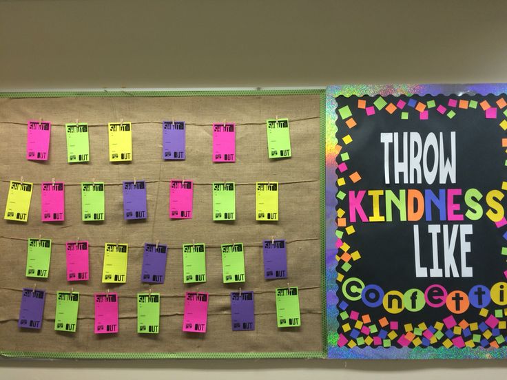 a bulletin board with sticky notes attached to it that says throw kindness like someone else