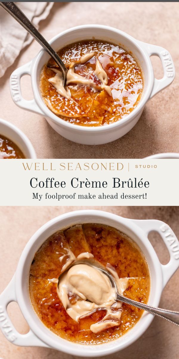 two bowls of coffee creme brulee with spoons in them and text overlay