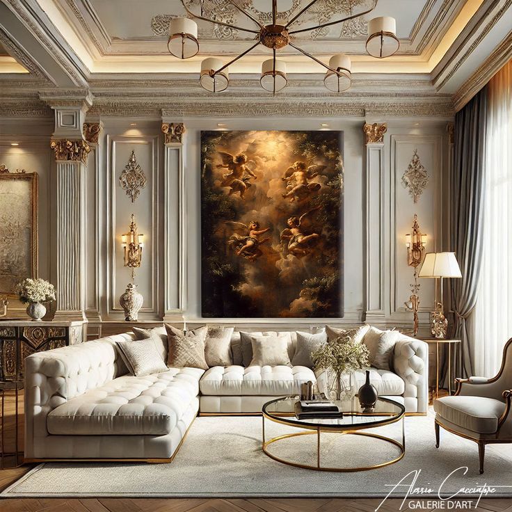 a living room filled with furniture and a painting on the wall