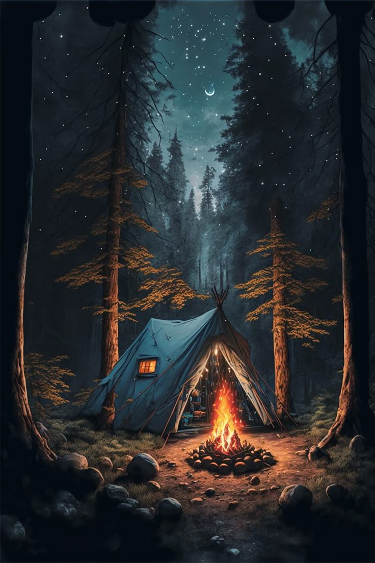 a tent is set up in the woods at night with fire and stars above it