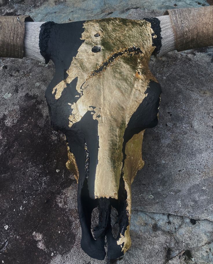 an animal skull with gold paint on it's face is shown in this aerial photo