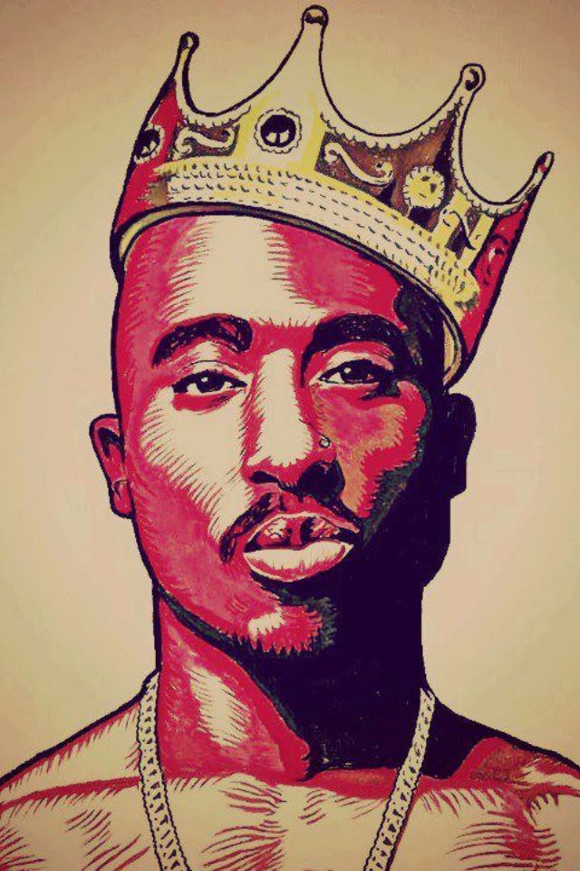 a drawing of a man wearing a crown with the words 2pac in front of him