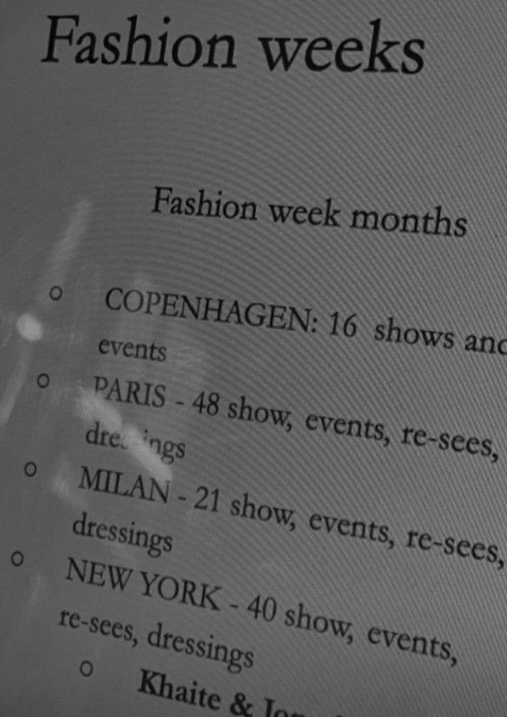 the fashion week menu is displayed in black and white