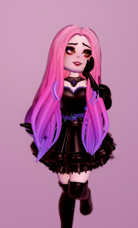 a doll with long pink hair and black dress on it's chest, standing in front of a purple background