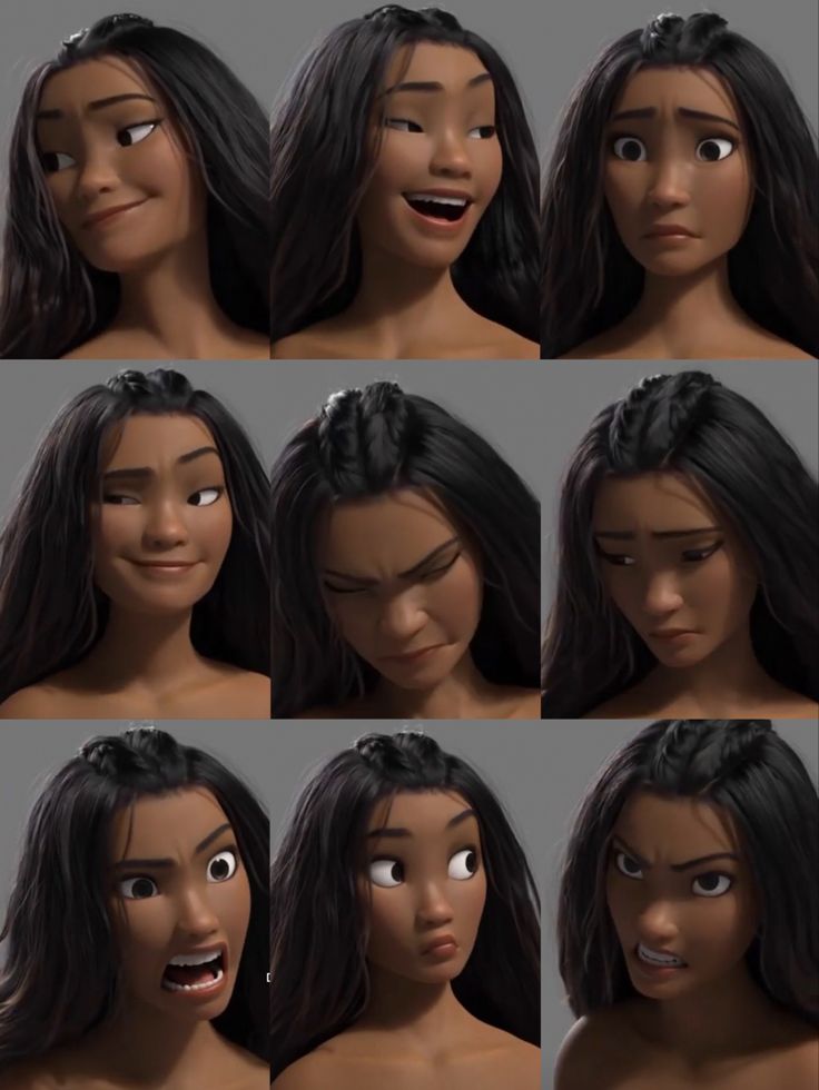 multiple images of an animated woman's face with various facial expressions and hair styles