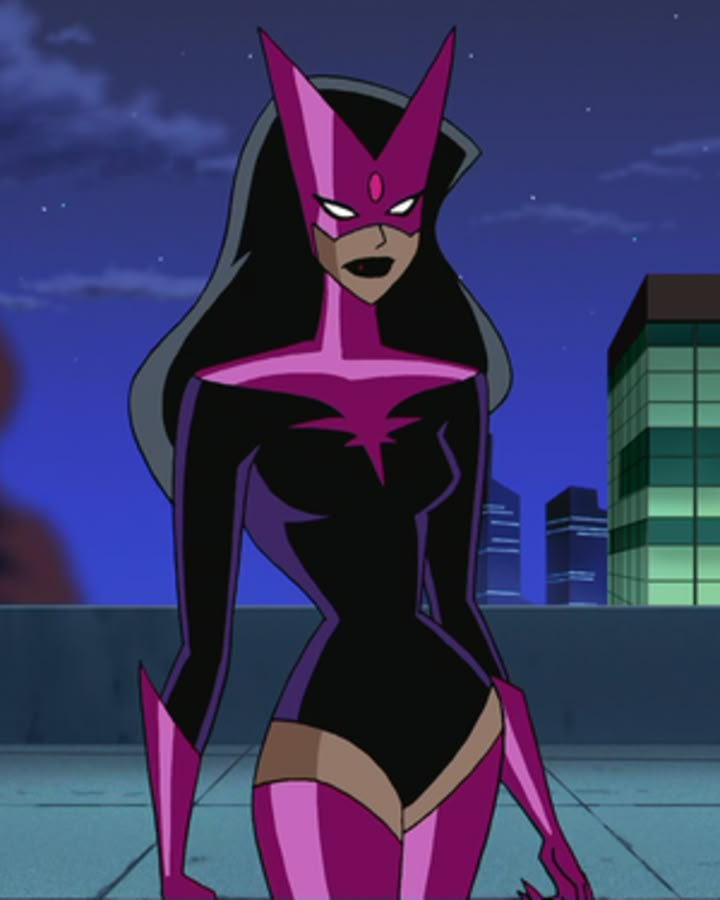 an animated female in a purple and black outfit standing on a rooftop with buildings behind her