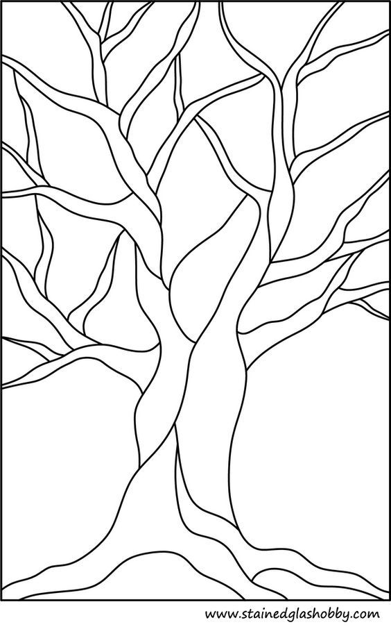 a stained glass tree with no leaves in the middle and branches on each side, black and white