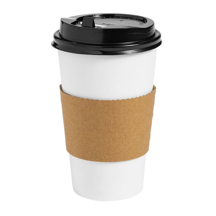 a coffee cup with a brown paper sleeve