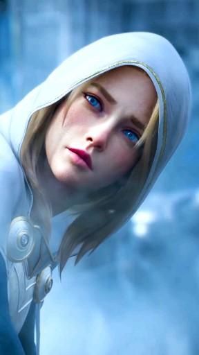 a woman with blue eyes wearing a white hoodie