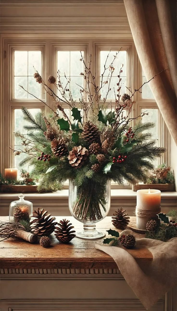 a vase filled with pine cones and greenery on top of a table next to a window