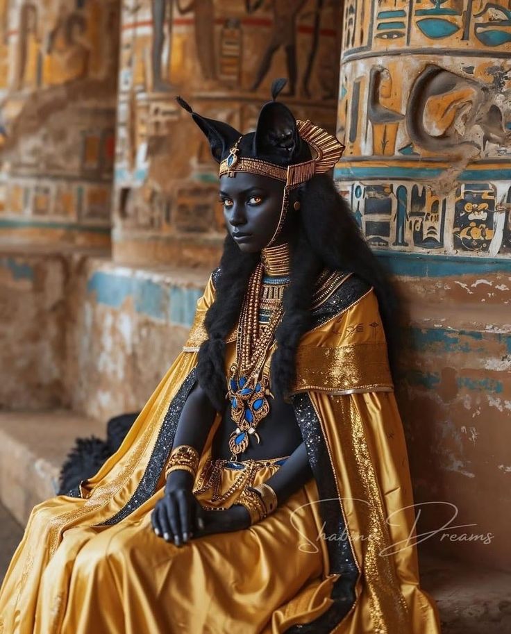 an egyptian woman dressed in black and gold sitting on the ground with her hands behind her back