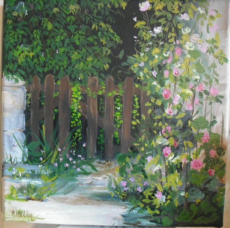 a painting of a garden with flowers and a fence