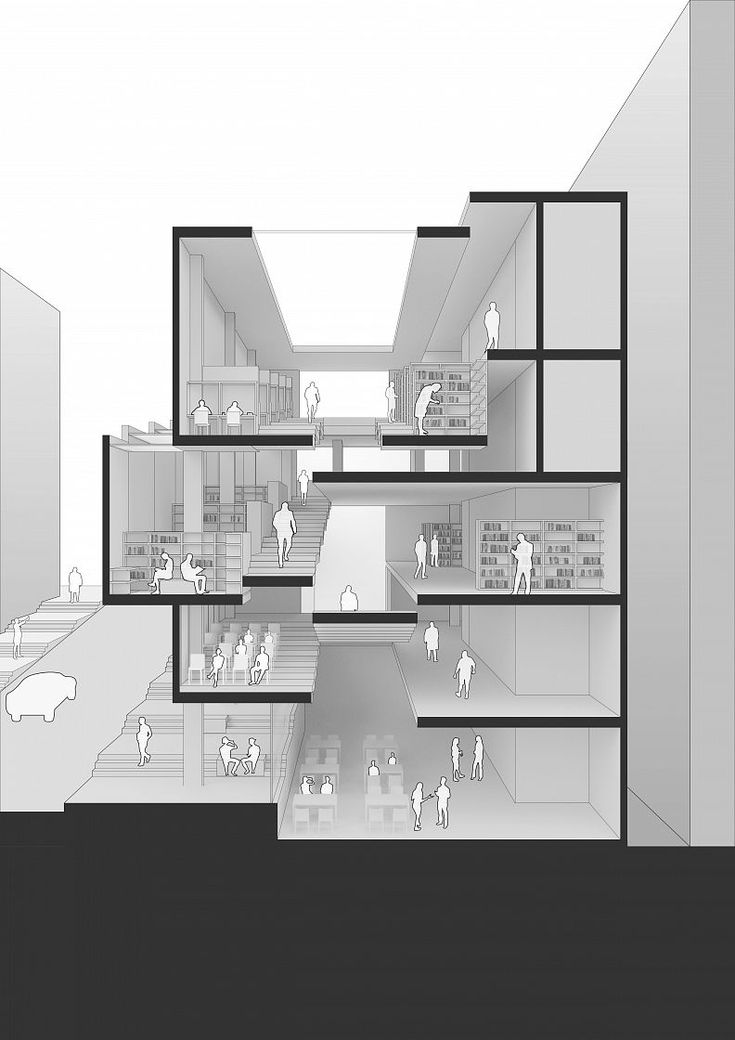 an architectural drawing shows the inside of a building with people walking through it and several other buildings in the background