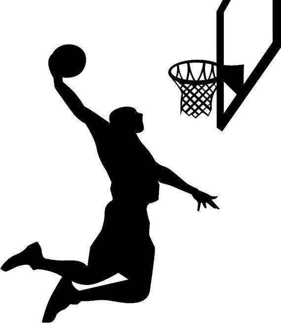 a basketball player dunking the ball into the hoop silhouetted against a white background