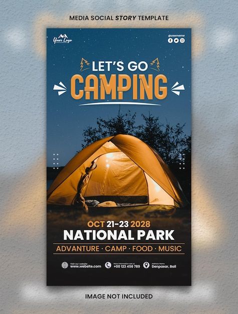 a poster for a camping event with a tent and trees in the background on a wall