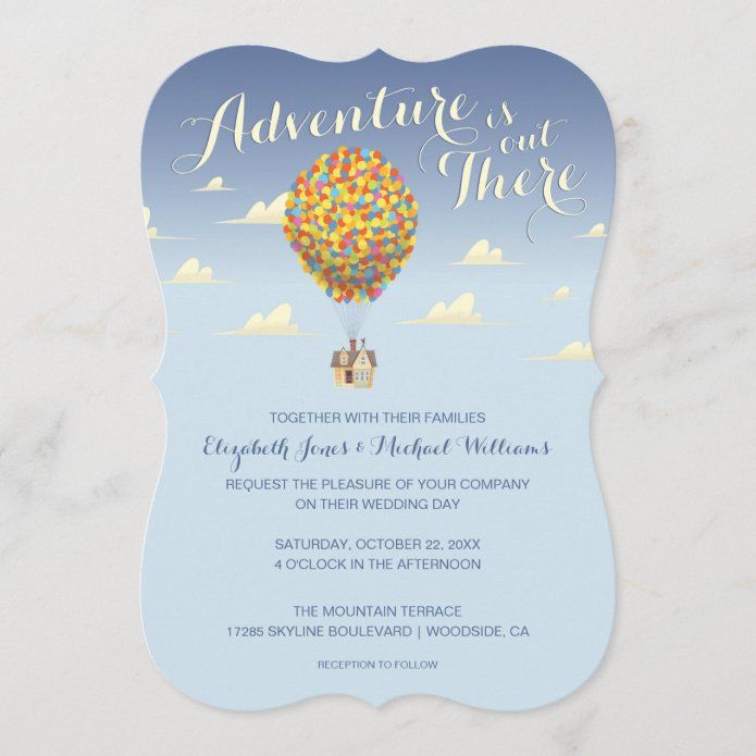 a blue and white wedding card with a hot air balloon in the sky on it