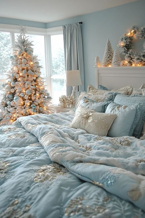 a bedroom decorated for christmas with a tree and lights in the window sill behind it