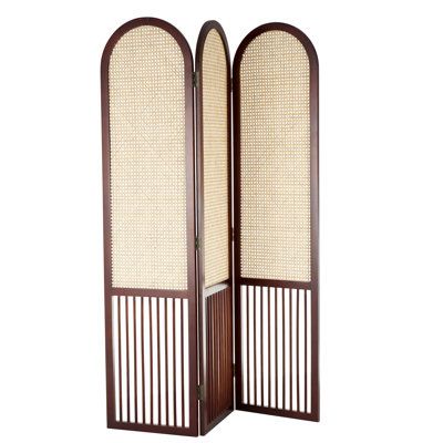 White privacy screen serves as an ideal addition for creating a cozy, private corner in your spacious living room or bedroom. A wood room divider screen makes a great gift for any occasion. Suitable for indoor use only. This item ships fully assembled in one piece. Item features 3-panel screens. This is a single white-colored folding panel partition. Rustic style. Bay Isle Home™ Color: Brown | Bay Isle Home™ Wood Arched 3 Panel Partition Dark Divider Screen w / Slatted Wood Base & Tan Rattan Pan Room Divider Vintage, Panel Partition, Partition Divider, Dc Living, Mid Century Room Divider, Record Room, Wood Room Divider, Wood Arch, Primary Bathroom