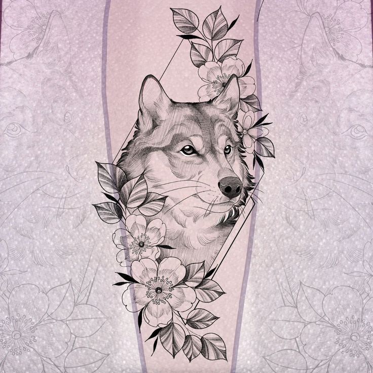 a drawing of a wolf with flowers on it's head and behind the neck